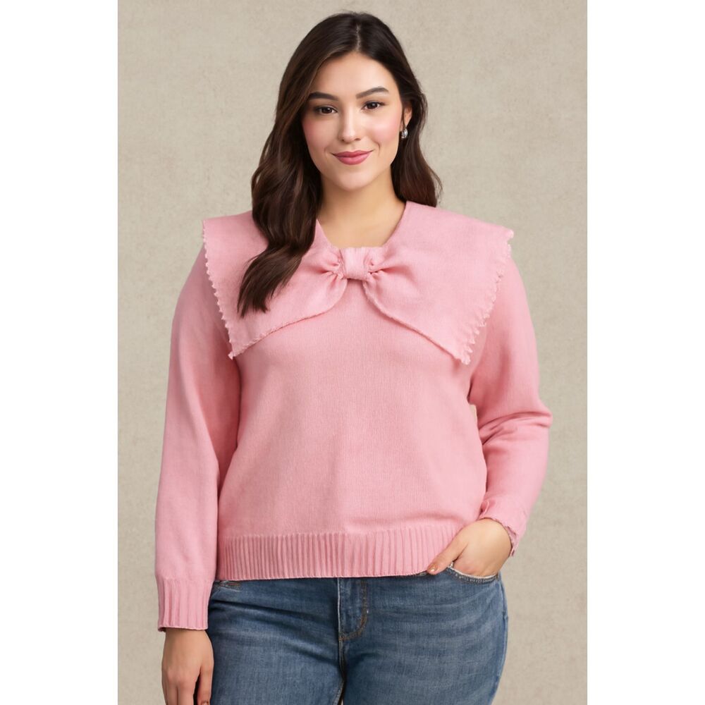 Pink Women's Sweater with Bow Detail Collar Small